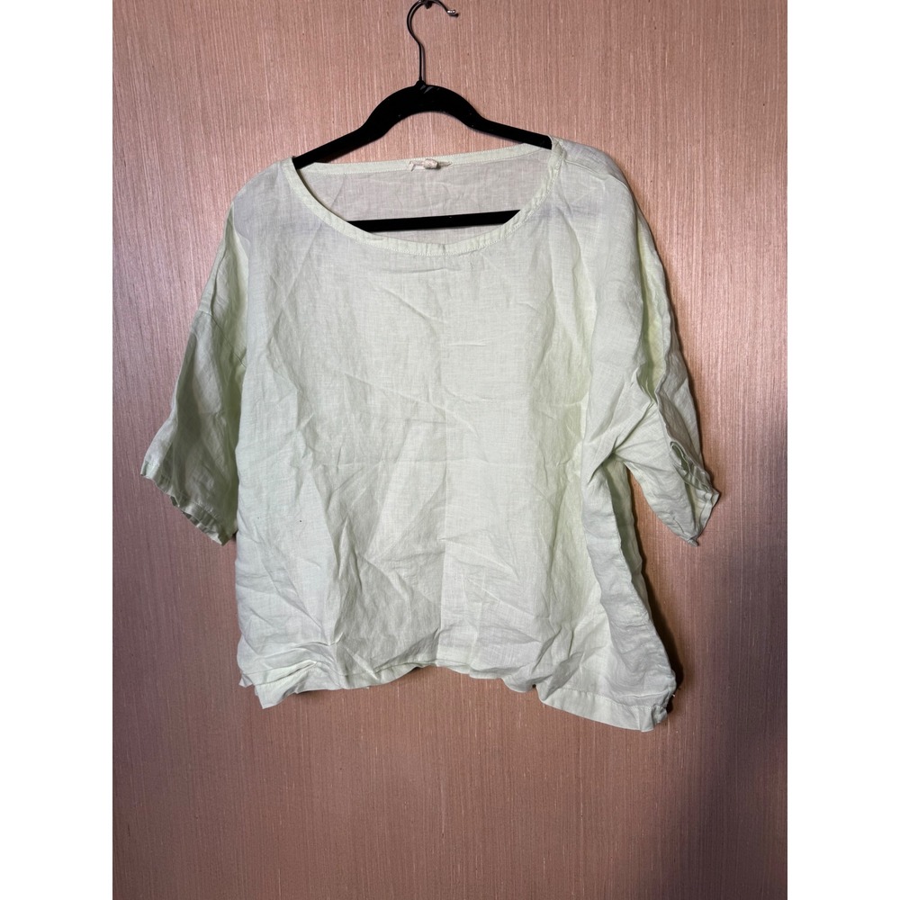 Eileen Fisher Womens Large Organic Linen Boxy Top Pale Green Short Sleeve